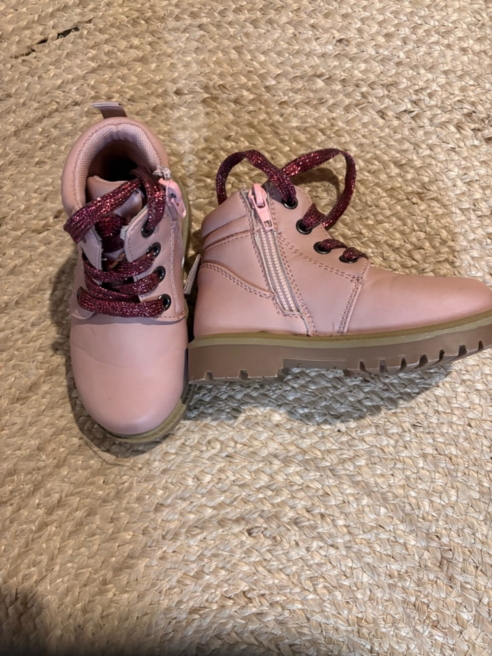 Kids Pink Lace-Up Ankle Boots with Glitter Laces